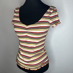 Y2k Striped Ribbed Baby Tee Lettuce Hem Short Sleeve Top Size M Sweetheart Retro